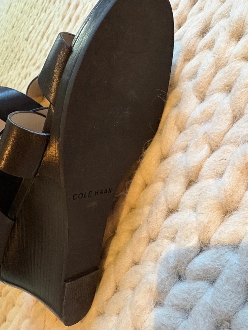 Cole Haan Black Leather Crisscross Wedge Sandals